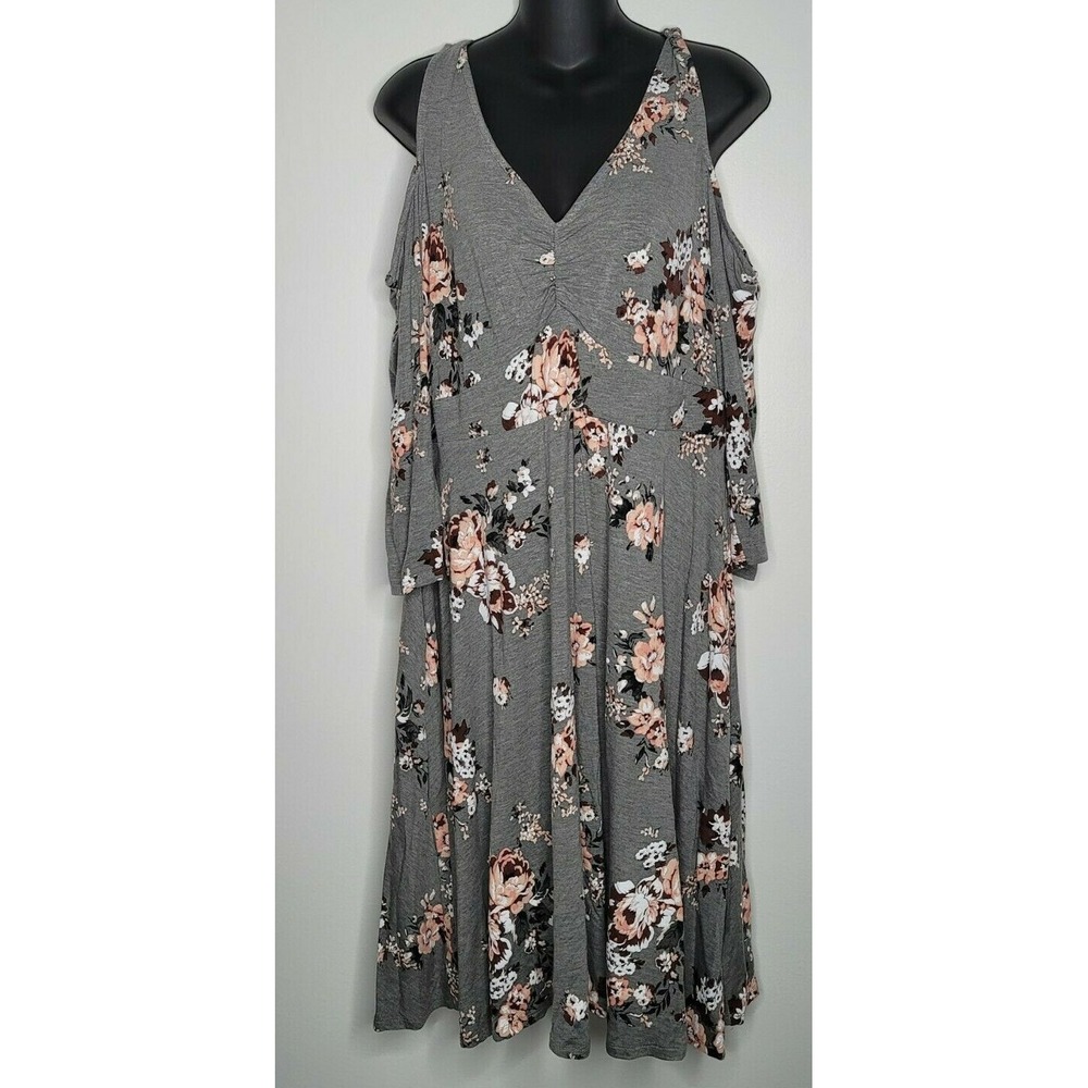 Torrid Womens Floral Print‎ Cold Shoulder Gray Grey Dress Size 1 1X V-Neck